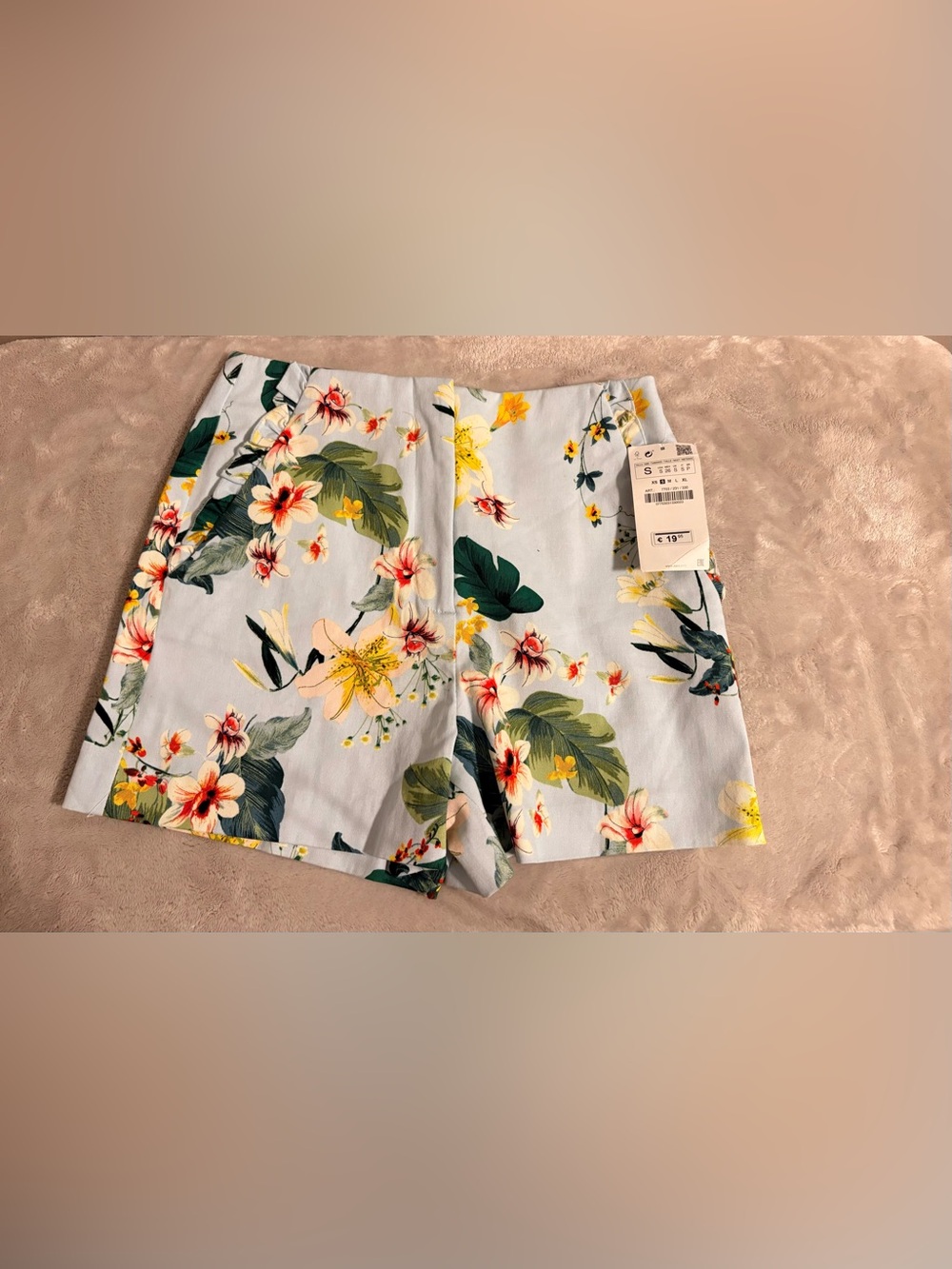 Zara Floral Print Shorts - Light Blue with Yellow & Green
